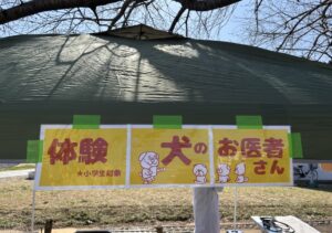 令和8年3月7日、日野市万願寺中央公園にて行われた「人とペットの防災フェスタ」の様子。獣医師会は「犬のお医者さん体験」と寄生虫の展示を行いました。